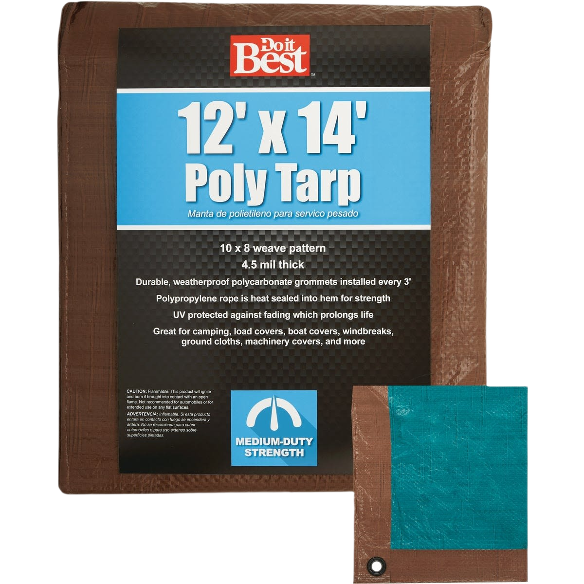 Brown and green medium-duty polyethylene tarp with reinforced grommets, suited for hardware and home improvement use under $50