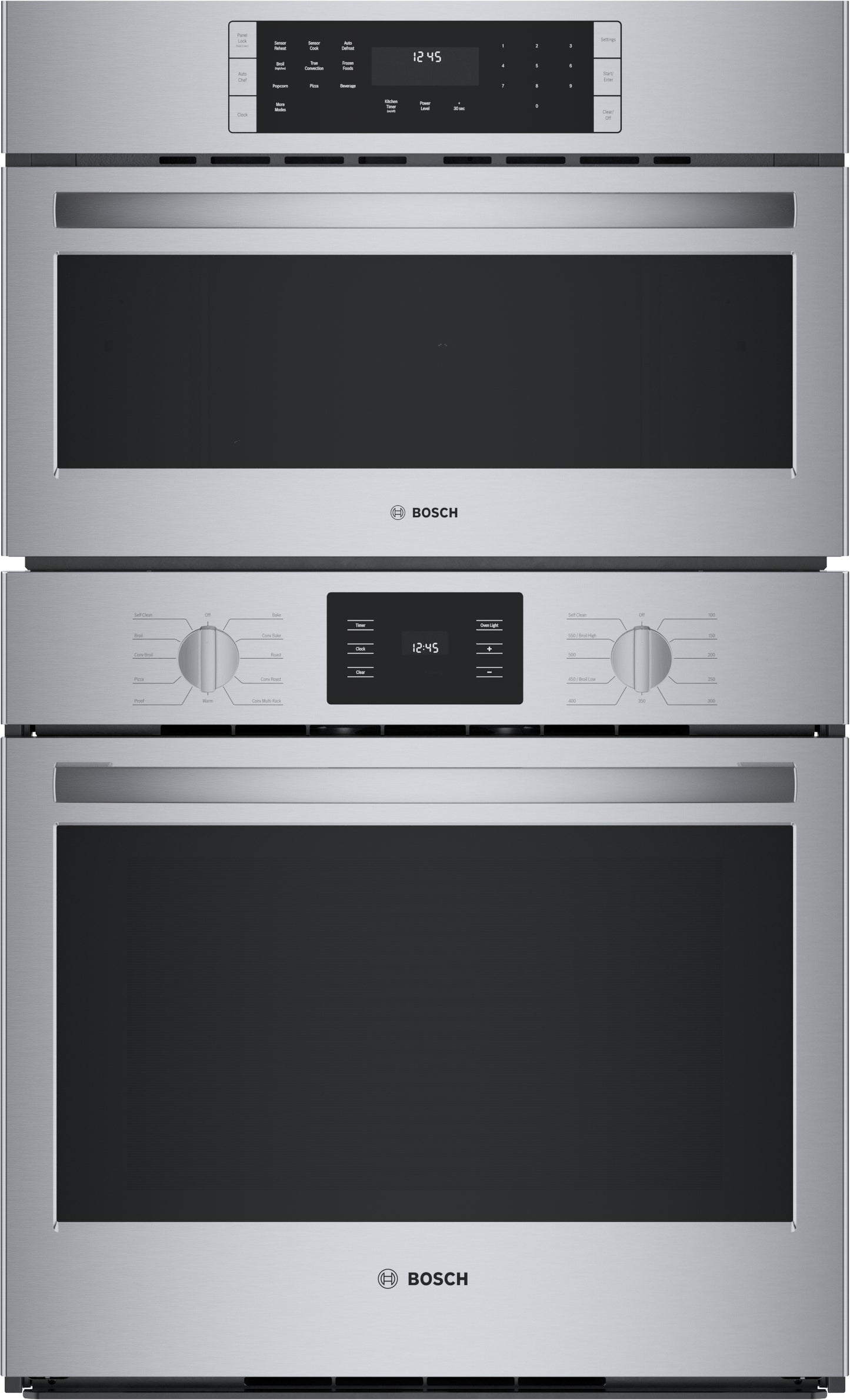 Stainless steel 500 Series 30-inch combination wall oven with digital display and metal control knobs from Bosch Appliances collection