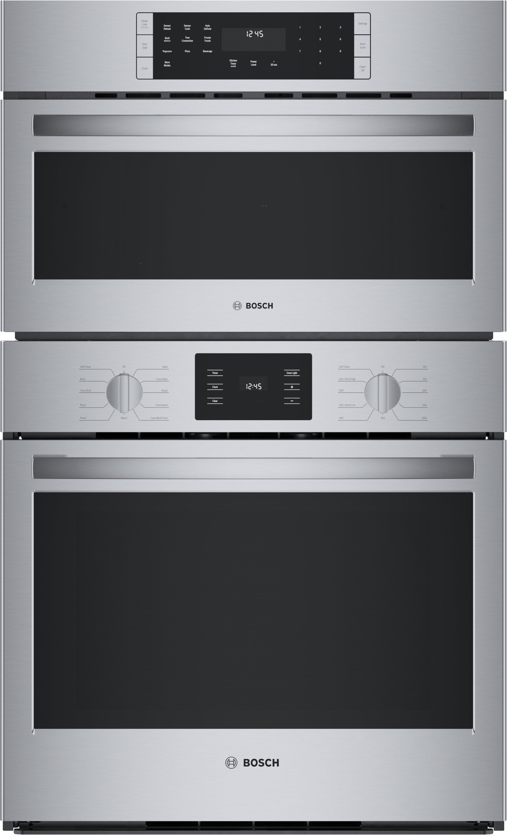 Stainless steel 500 Series 30-inch combination wall oven with digital display and metal control knobs from Bosch Appliances collection