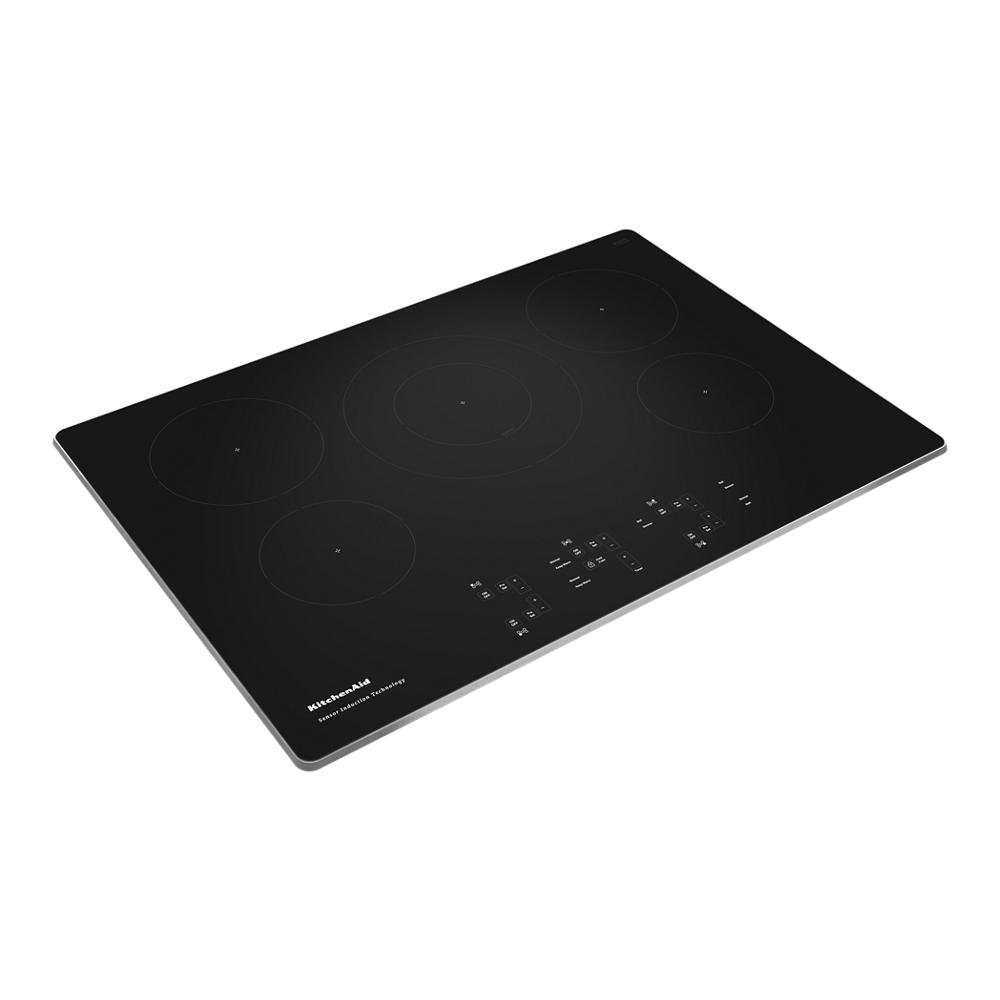 Black smooth glass 30-inch cooktop with five sensor-controlled cooking elements from KitchenAid appliances collection