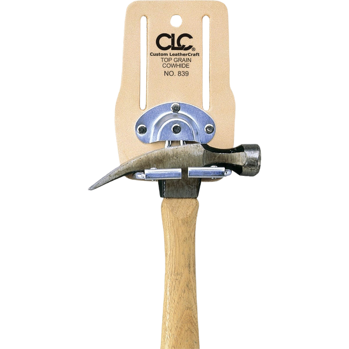 Top grain leather hammer holder with metal snap for convenient front loading in woodworking tool storage collections