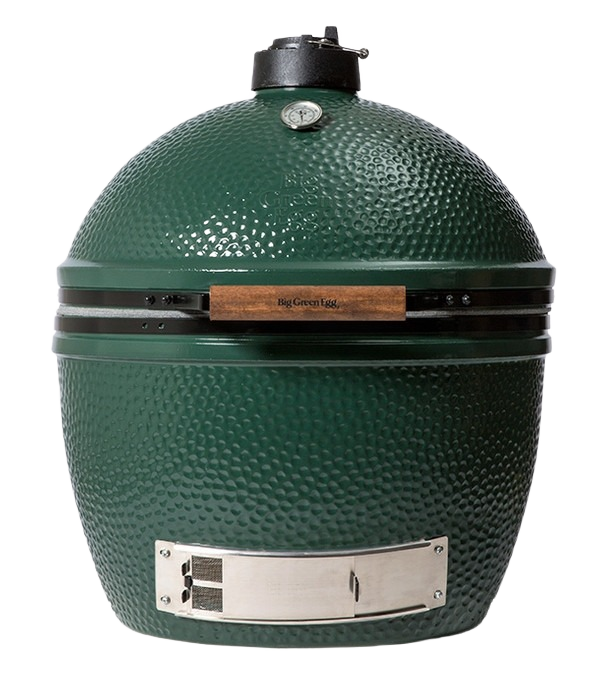 Extra-large green ceramic charcoal grill with wooden handle and stainless steel vent for outdoor cooking and grilling