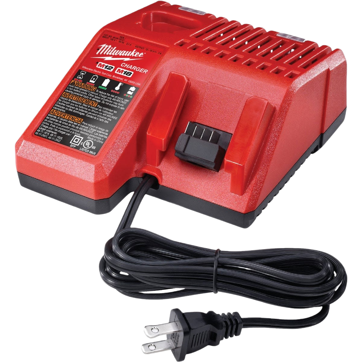 Red multi-voltage battery charger with attached power cord and plug for tools and home improvement projects