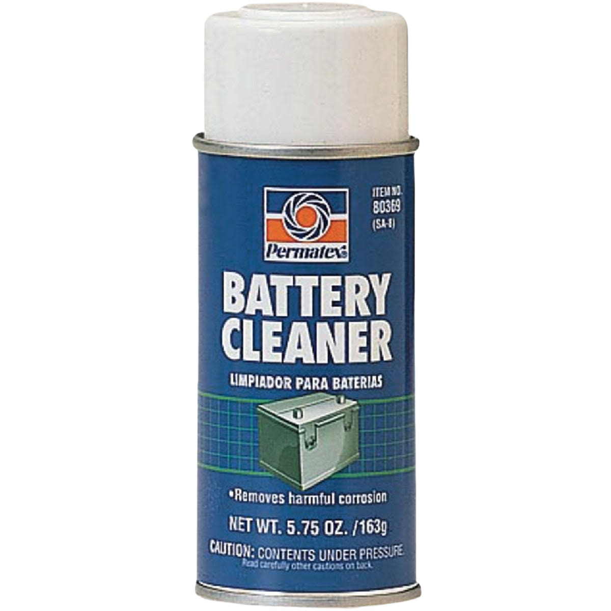 Blue aerosol can of battery cleaner spray with white cap for home improvement and tools maintenance use