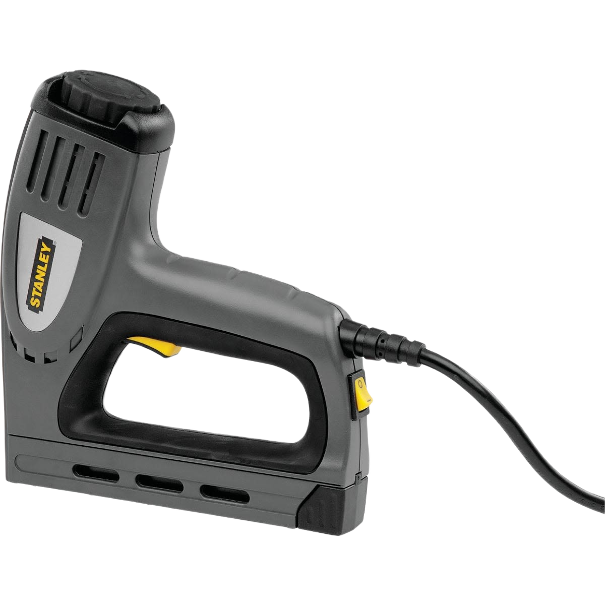 Compact black electric staple gun with yellow accents and power cord for home improvement tasks