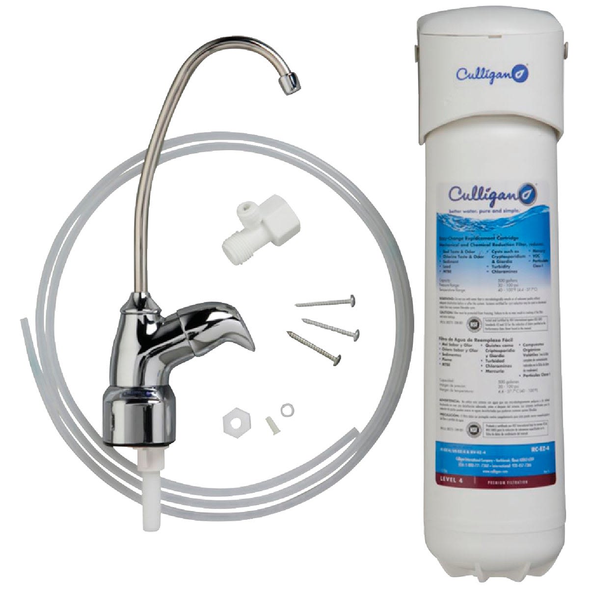 Chrome faucet with tubing and white filter cartridge for under sink water filtration and home improvement tasks