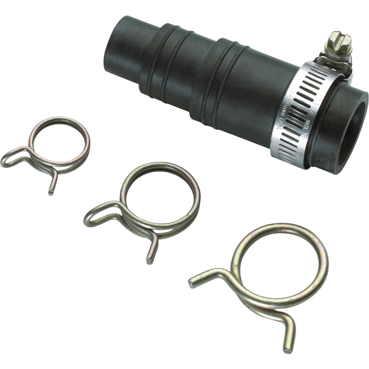 Black plastic dishwasher connector with stainless steel hose clamps for plumbing parts and repair under $50 collections
