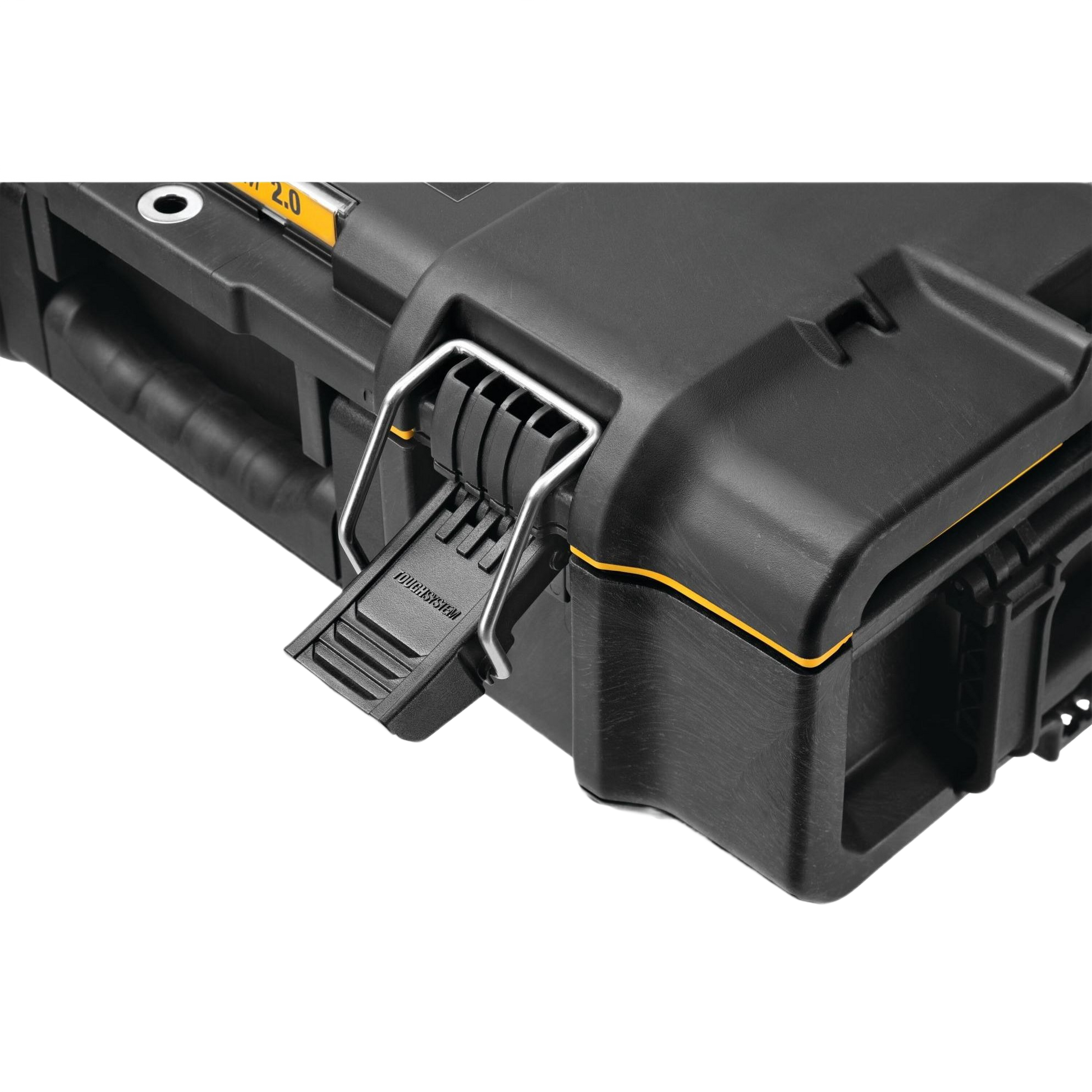 Close-up of black and yellow heavy-duty toolbox latch and handle for secure tool storage and easy transport.