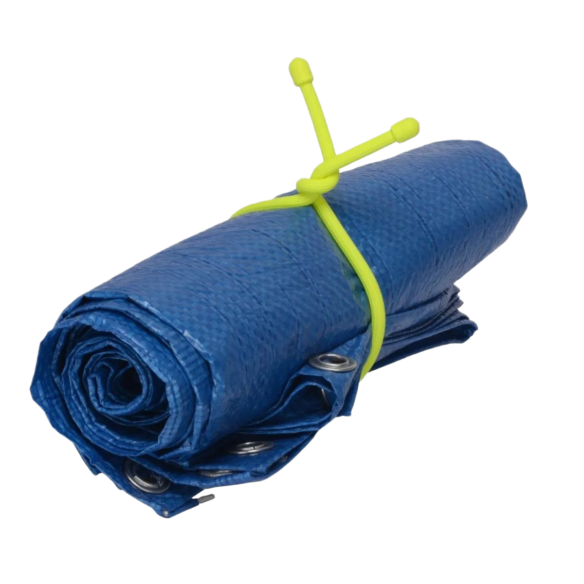 Neon yellow reusable rubber cable tie securing rolled blue tarp for electrical and home improvement under $50 collections