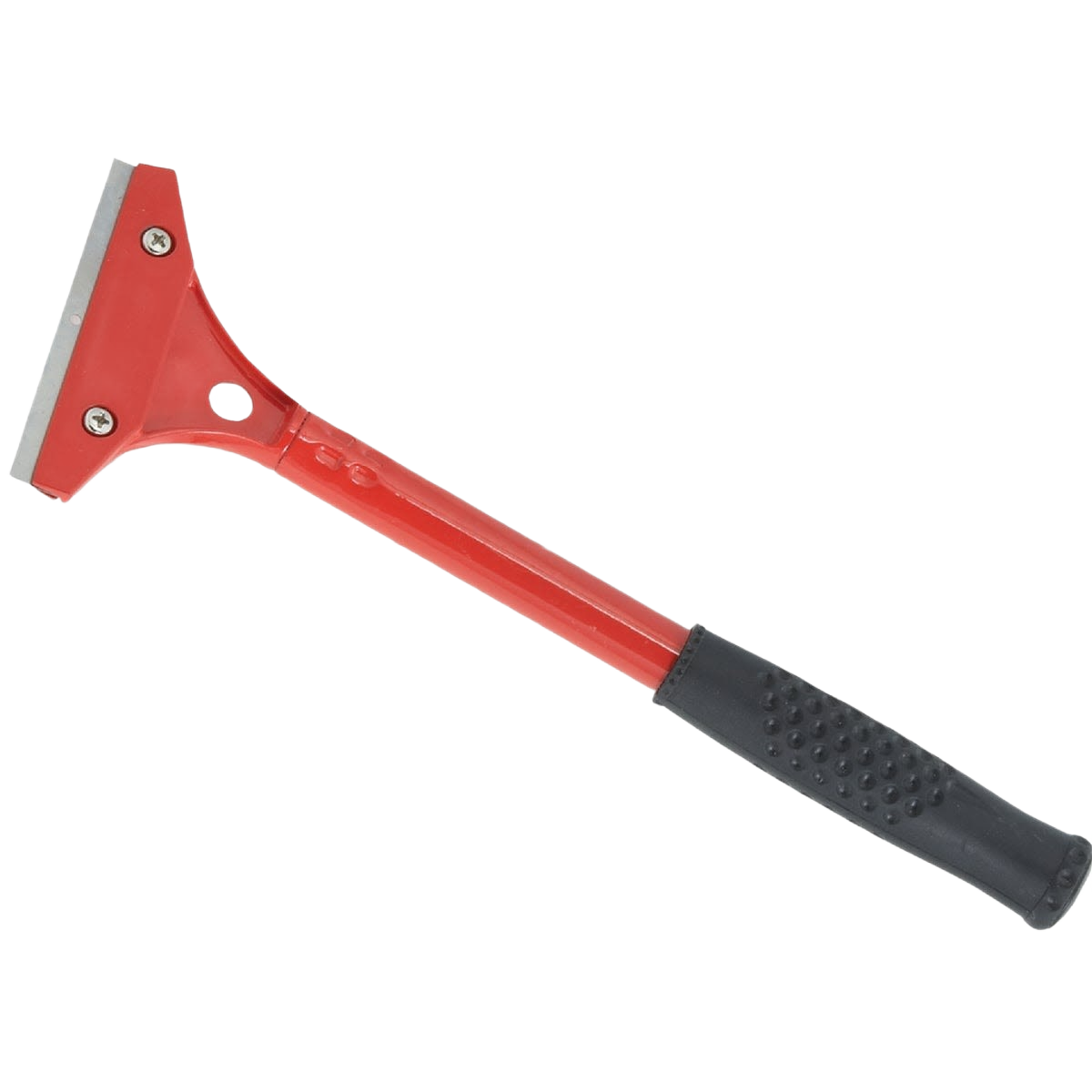 Red floor and wall scraper with tempered steel blade and black textured grip for paint and home improvement tasks