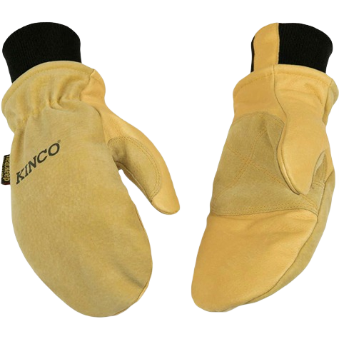 Pair of tan suede pigskin work mittens with black cuffs for winter safety and home improvement tasks under $50