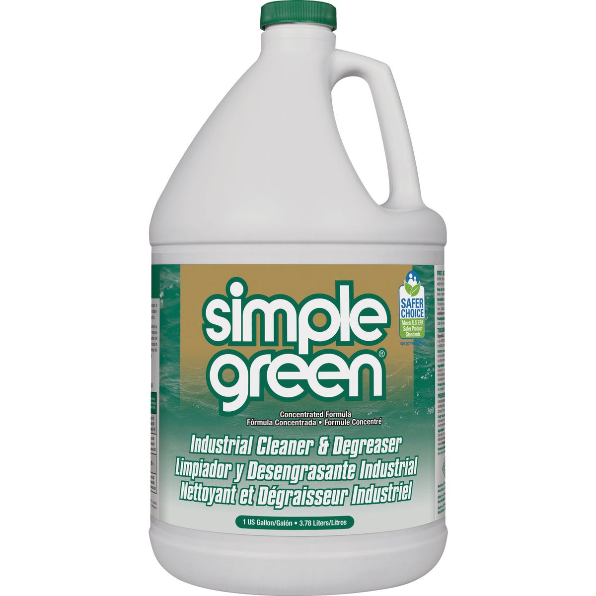 One-gallon container of concentrated industrial cleaner and degreaser in cleaning supplies collection