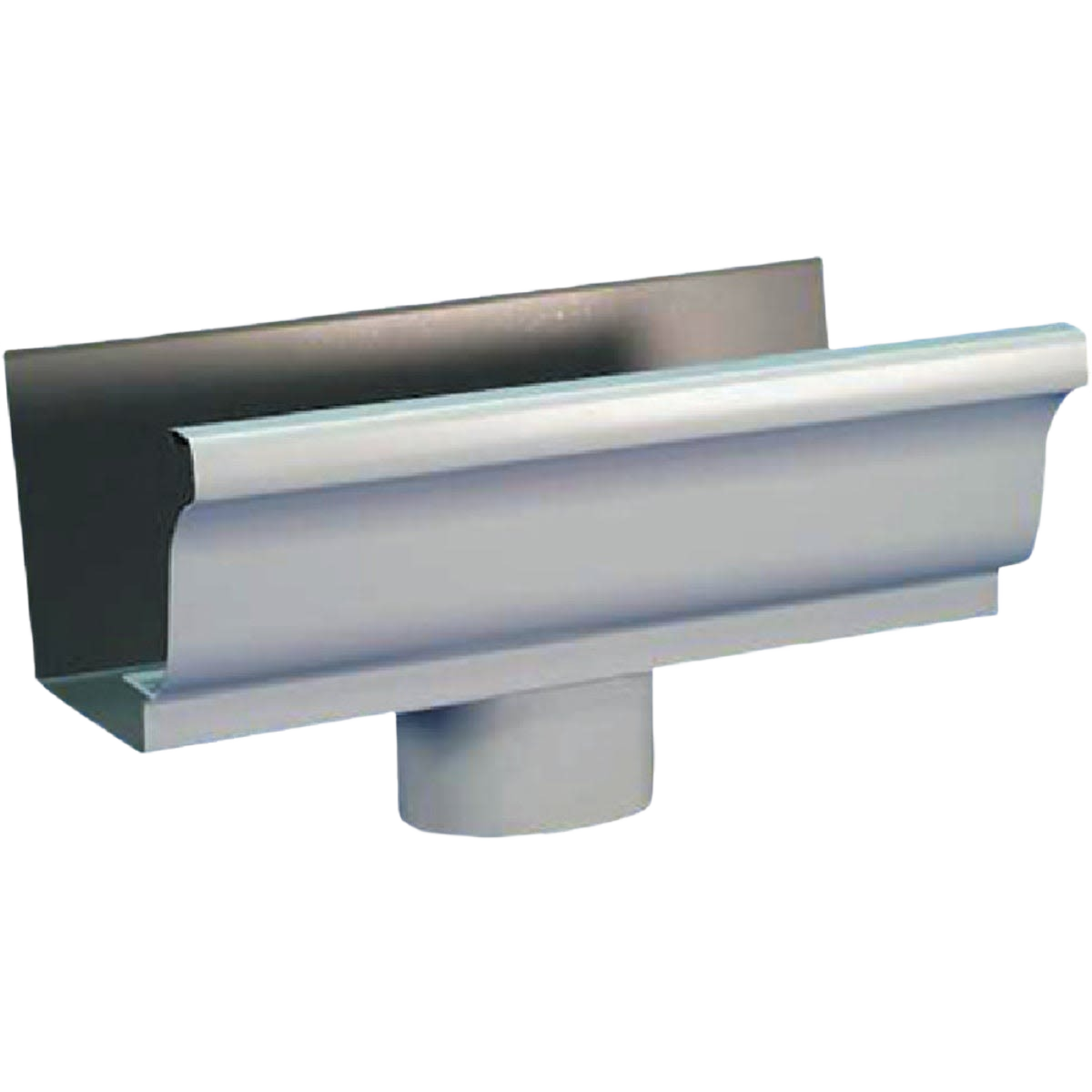 White aluminum gutter drop outlet for directing water flow in home improvement and roofing projects