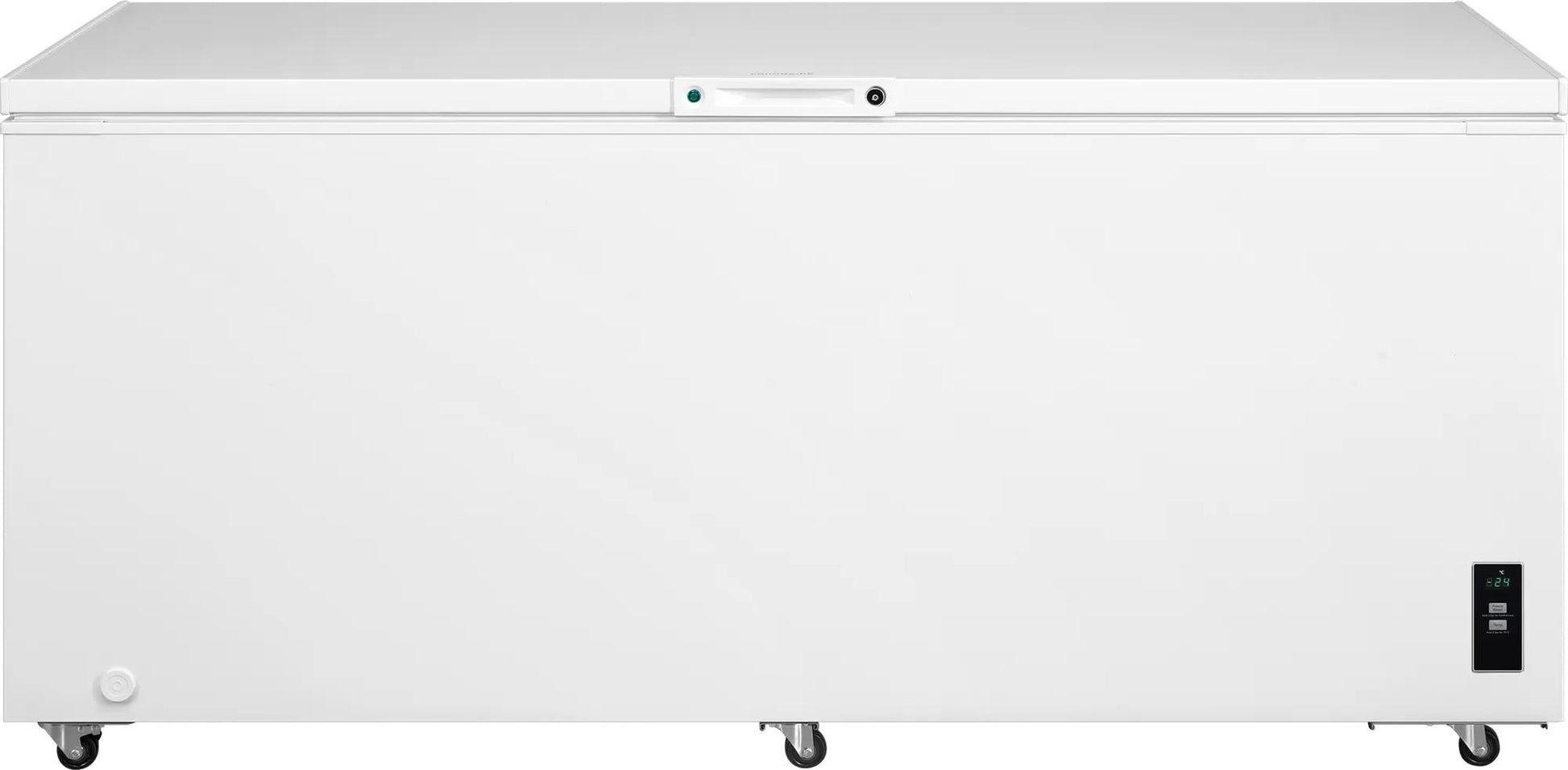 Large white garage-ready chest freezer with caster wheels and simple control panel in Freezers & Ice Makers collection