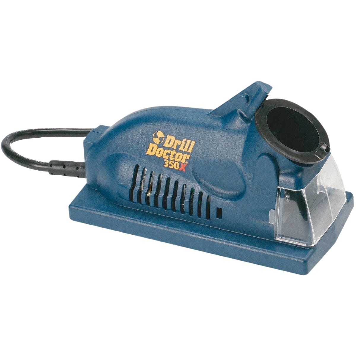 Blue drill bit sharpener with vented housing and angled chuck for tool accessories and power tool collections