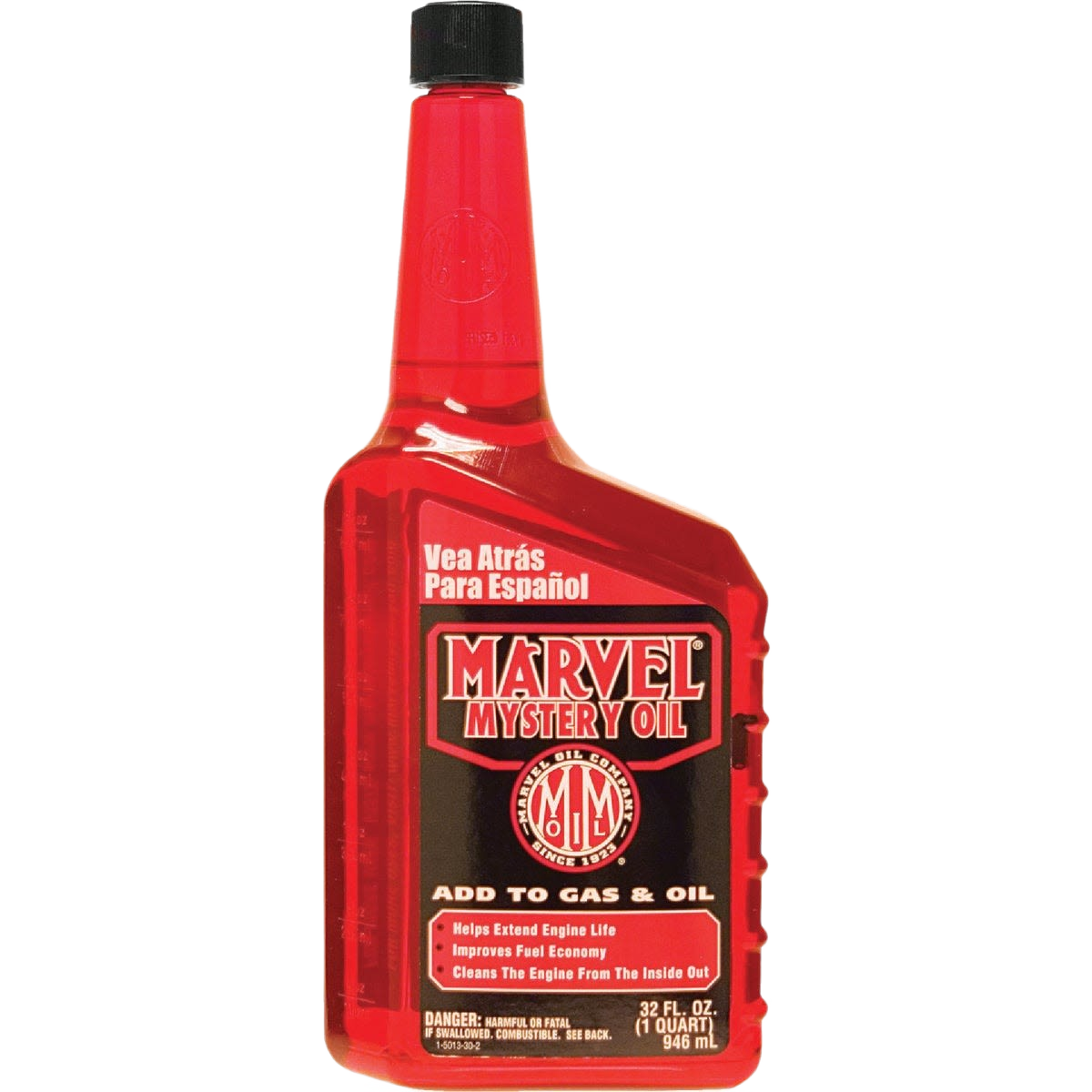 Red plastic bottle of Marvel Mystery Oil gas treatment with black cap for engine and fuel system cleaning products