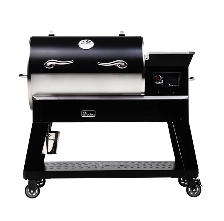 Mid-size wood pellet grill with digital controller and stainless steel lid, designed for outdoor cooking, grilling, and lawn and garden use.