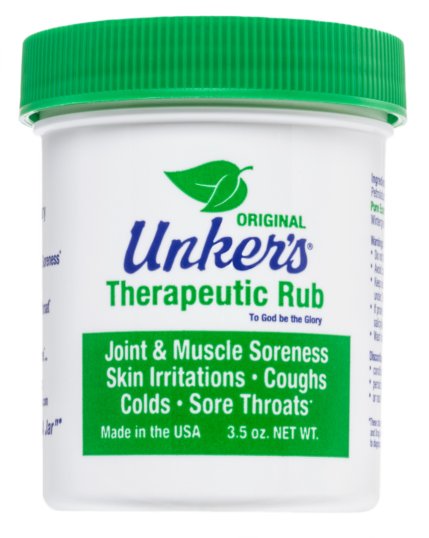 White jar of Unker's Therapeutic Rub with green lid for joint soreness and skin care in Health & Beauty collection