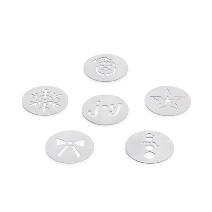 Set of six stainless steel holiday-themed cookie press disks for festive baking in kitchen gadgets and kitchenware collections