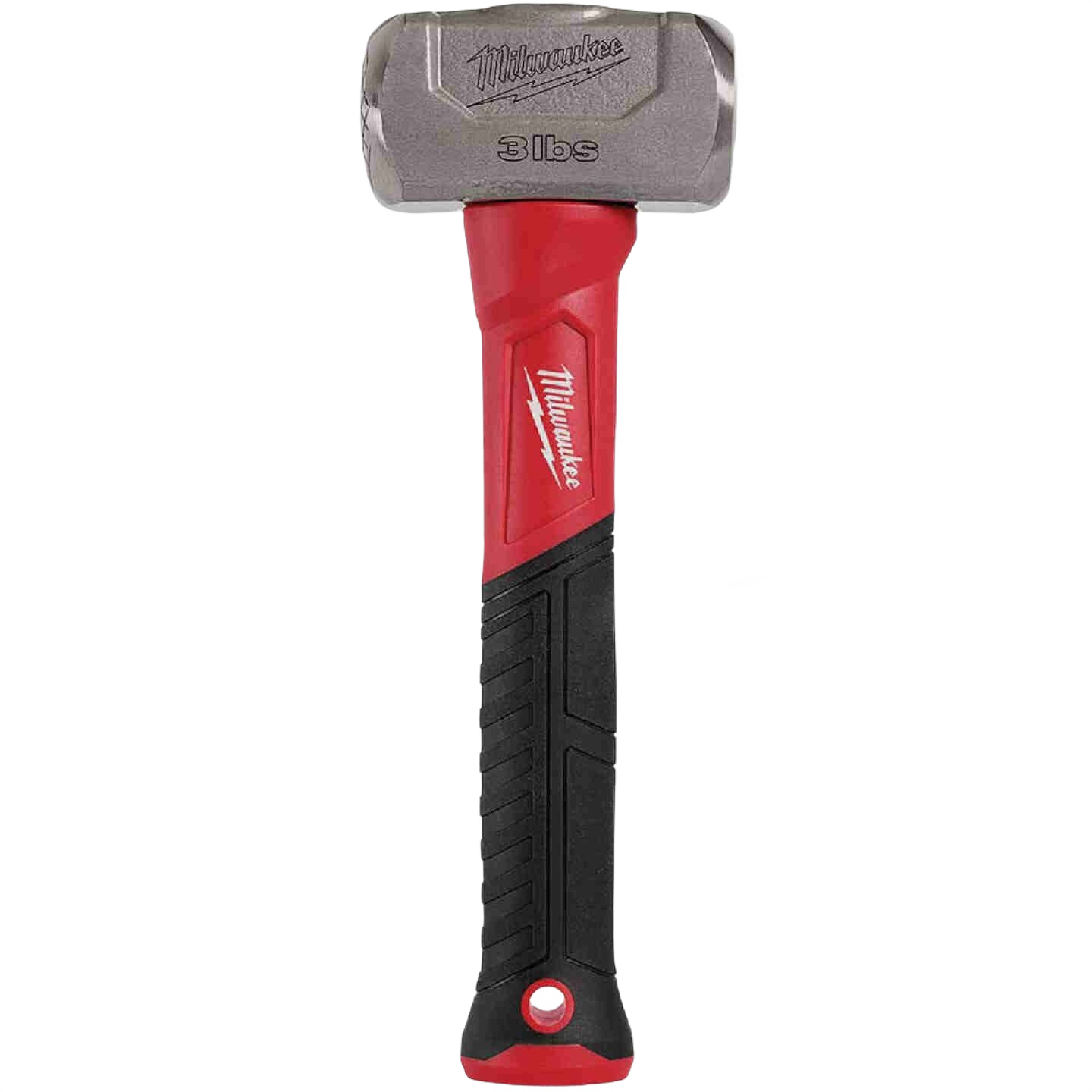 Red and black fiberglass drilling hammer with 3-pound steel head for tools and home improvement use
