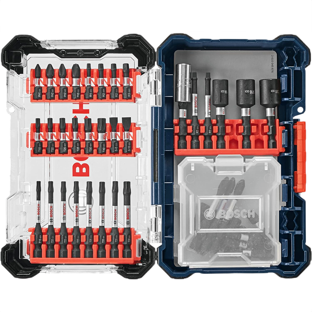 Compact Bosch 45-piece impact-rated screwdriving set with assorted bits and socket adapters in durable case under $100 collection