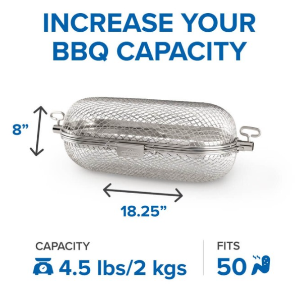 Mesh rotisserie grill basket measuring 18.25 by 8 inches with secure locking handles, designed for outdoor cooking and grilling accessories.