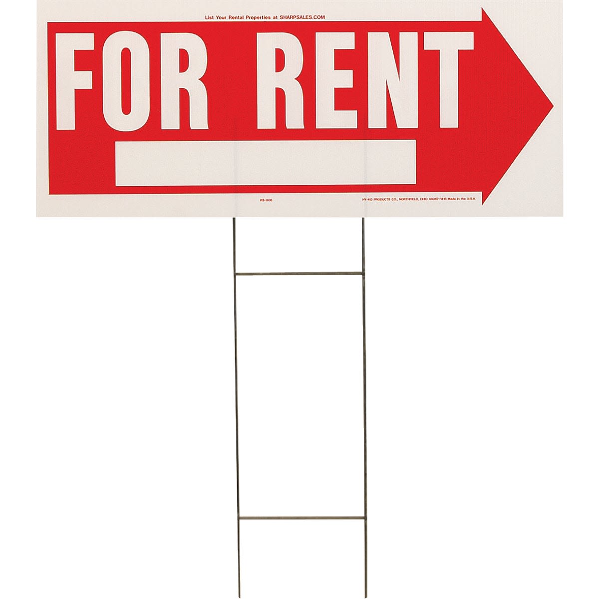 Red and white corrugated plastic lawn sign with metal frame displaying "FOR RENT" and a directional arrow