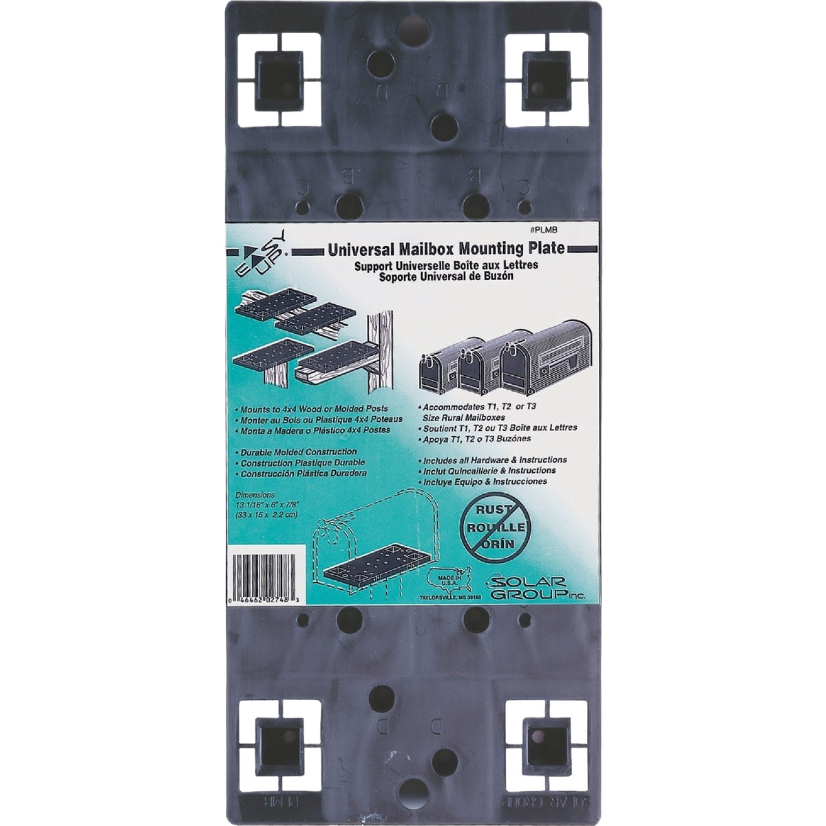 Black universal mounting board designed for securing rural mailboxes to wood or plastic posts in home improvement tasks