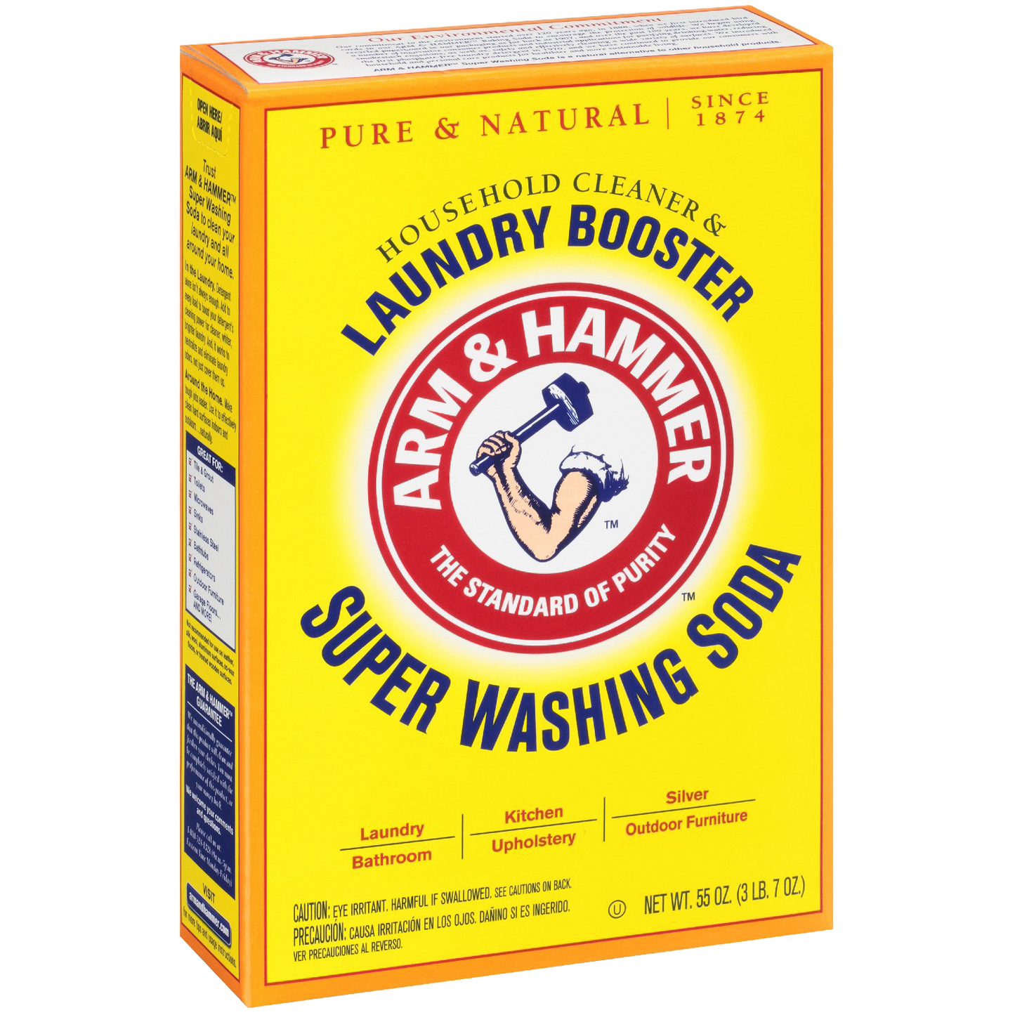Yellow box of Arm & Hammer Super Washing Soda laundry booster, part of cleaning and laundry supplies collections