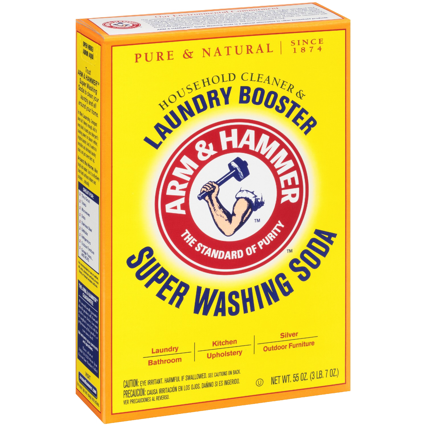 Yellow box of Arm & Hammer Super Washing Soda laundry booster, part of cleaning and laundry supplies collections