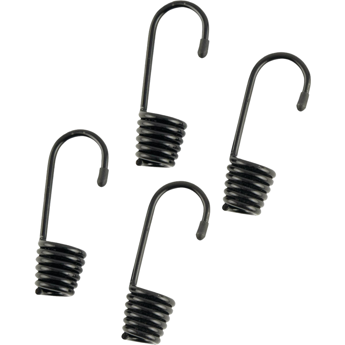 Set of four black 8mm metal cord hooks with coiled base and curved top for tools and home improvement use