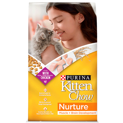 Bag of Purina Kitten Chow Nurture dry kitten food featuring a girl holding a gray kitten with orange and yellow packaging