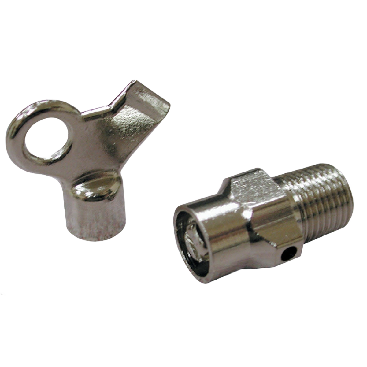 Chrome-plated hot water air valve and key set for home improvement plumbing applications and tool use.