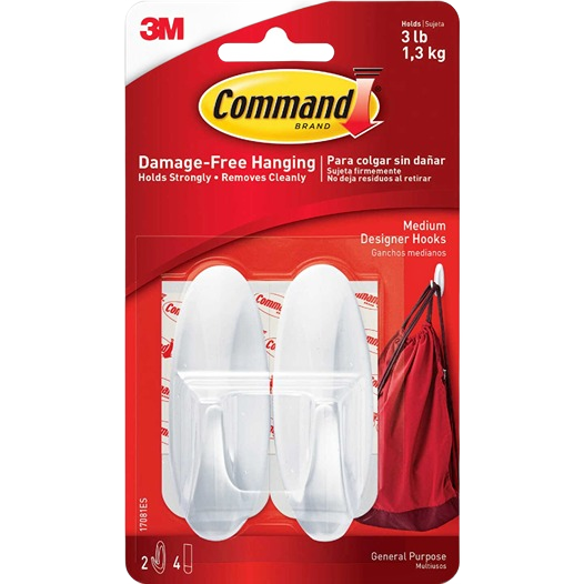 Pair of white medium adhesive utility hooks for damage-free hanging in home improvement and hardware collections under $50