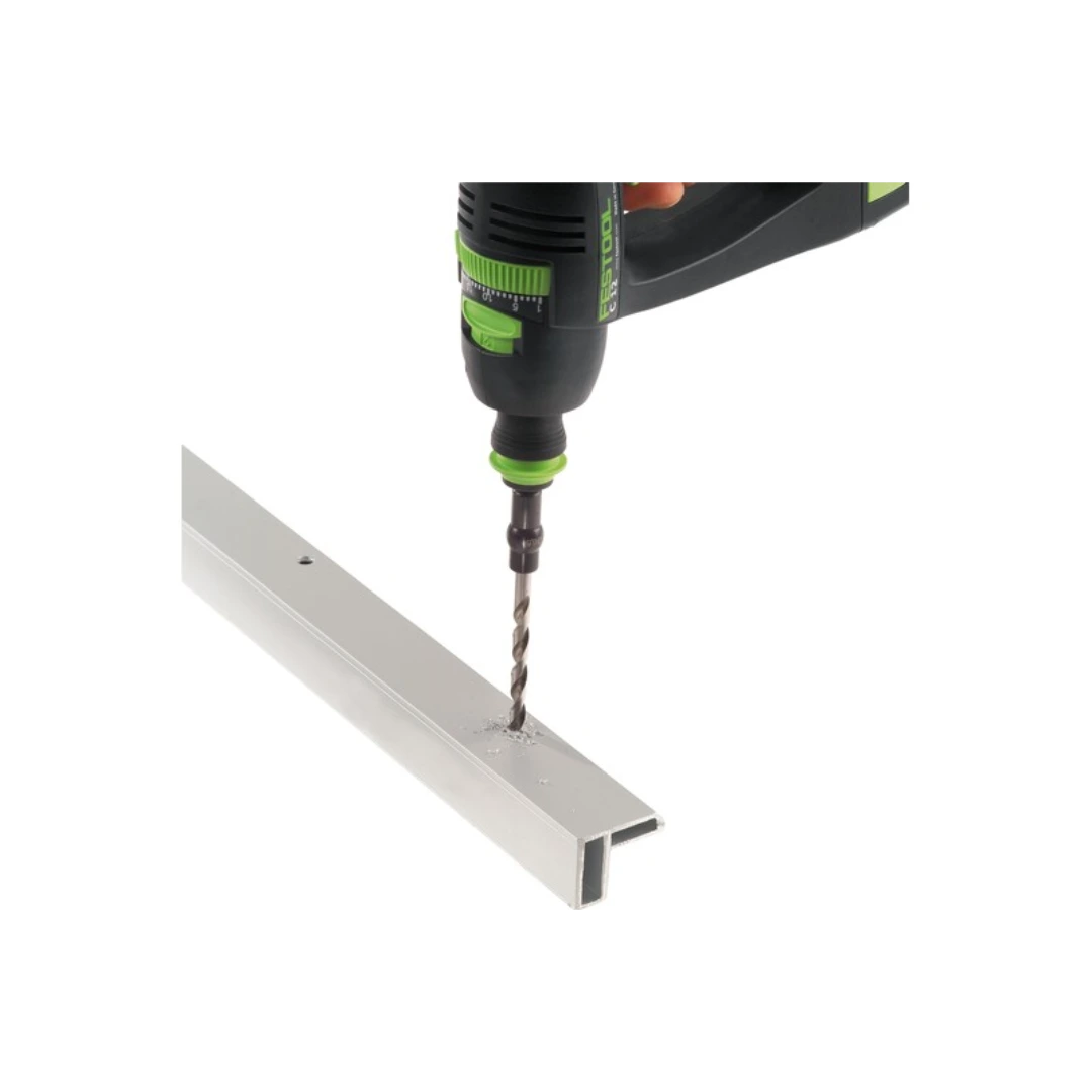 Cordless drill with spiral drill bit drilling a hole in a metal channel for tool accessories and home improvement tasks