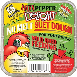 Rectangular package of no melt suet dough for wild bird feeding with colorful bird graphics and hot pepper illustration