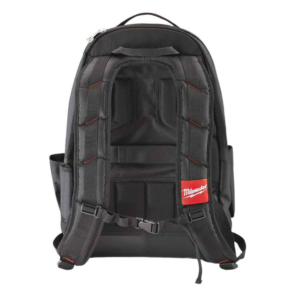 Black Milwaukee Jobsite Backpack with padded straps, durable ballistic nylon, and molded base for tool storage and workshop use