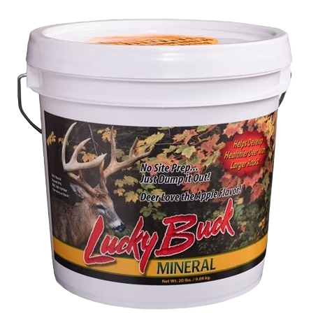 White plastic bucket of Lucky Buck 20 lbs. mineral supplement with deer image for outdoor and wildlife use