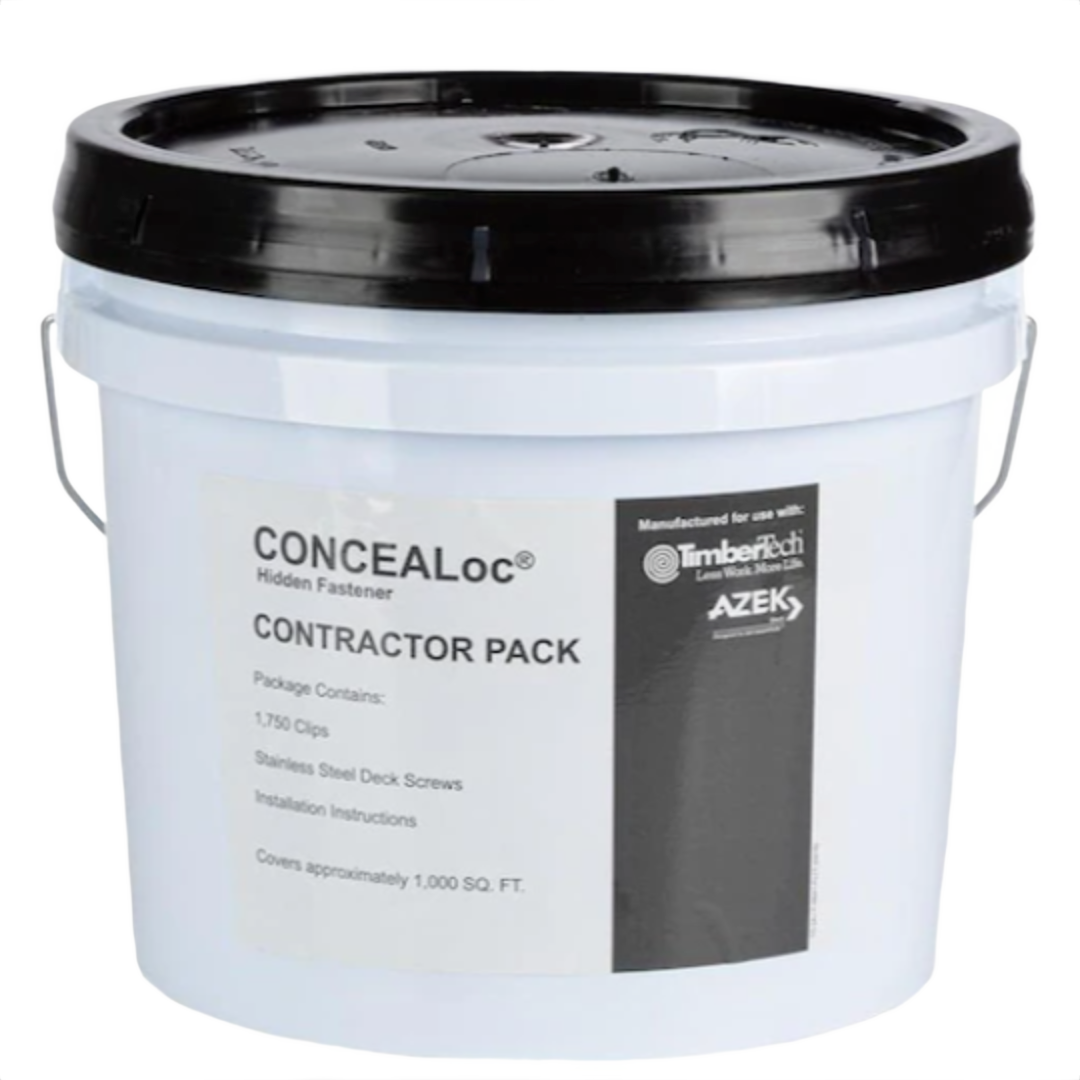 White plastic bucket with black lid containing hidden fastener clips and stainless steel screws for decking installation