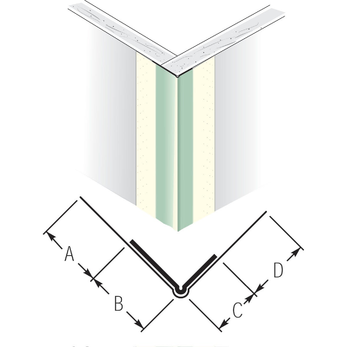 Diagram illustrating installation dimensions for paper-faced metal drywall corner bead in Lumber & Building Materials collections