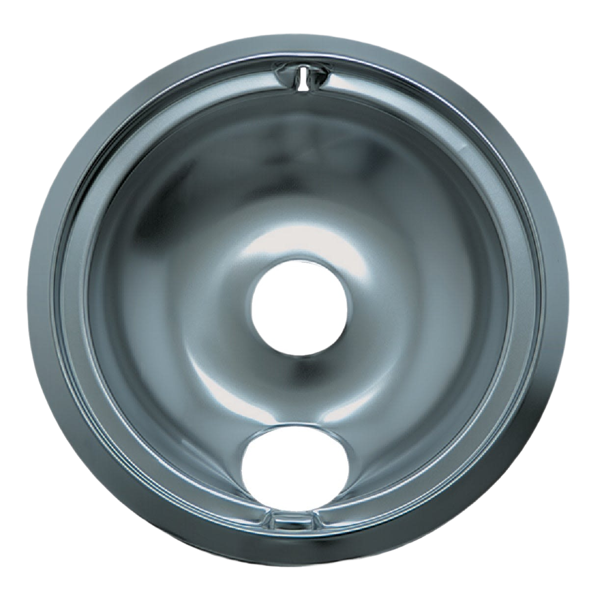 Round chrome drip pan with center and bottom holes designed for stove burner use in home improvement projects