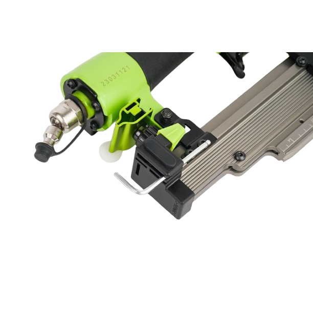 Green and black headless pinner tool for precise fastening in woodworking and home improvement projects