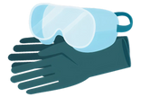 Illustration of safety goggles resting on a pair of dark protective gloves, representing personal protective equipment for home improvement tasks.
