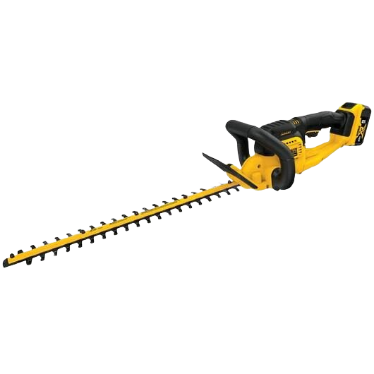 Yellow and black cordless lithium-ion hedge trimmer with ergonomic handles for efficient home improvement tasks