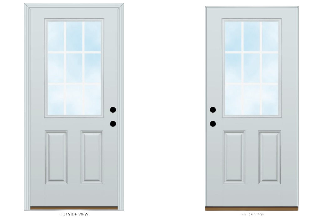 Left hand inswing fiberglass entry door with clear glass panels and painted light gray finish for home improvement