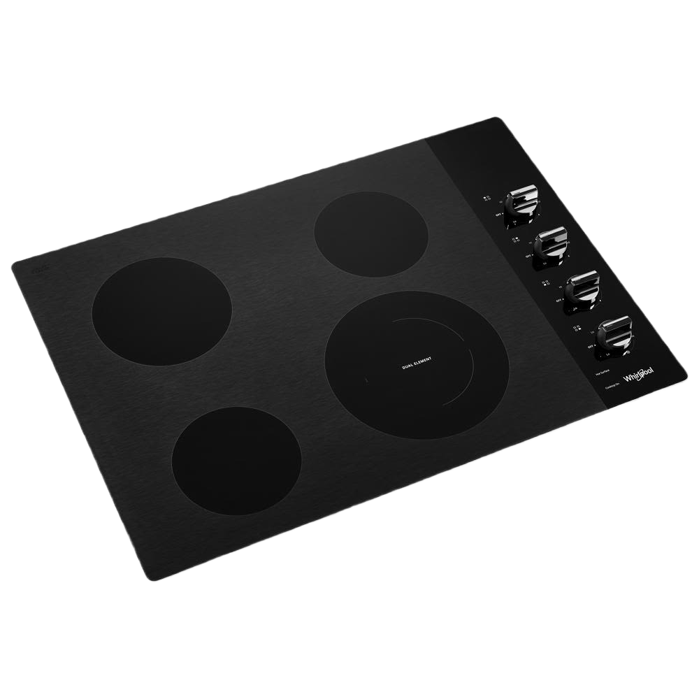 Black ceramic glass cooktop with four radiant heating zones and four control knobs in cooktops and kitchenware collections