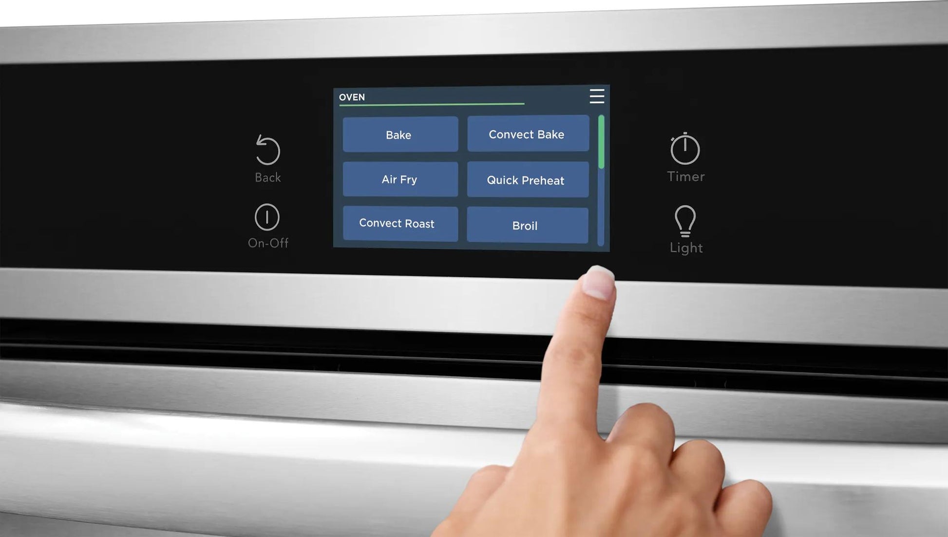 Touchscreen control panel on stainless steel wall oven showing cooking mode options in Wall Ovens at Hartville Hardware
