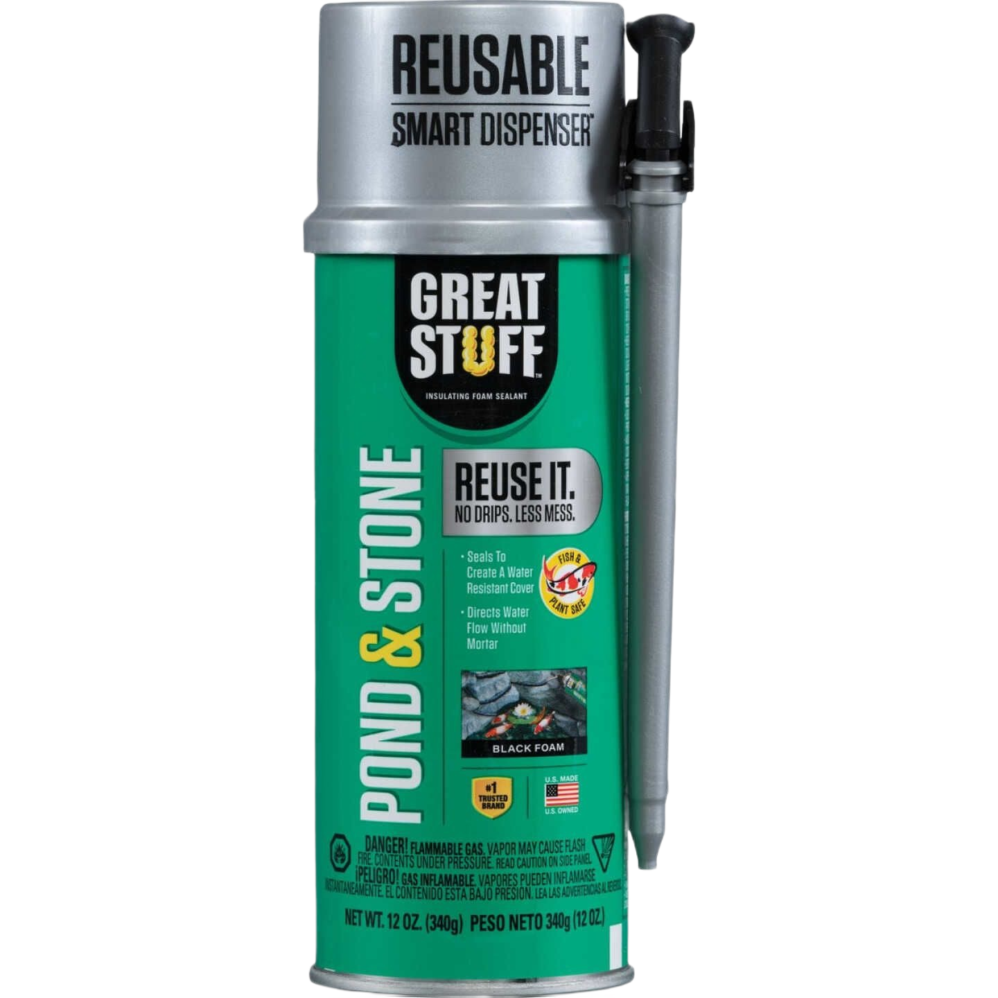 Green canister of reusable smart dispenser foam sealant for sealing pond and stone surfaces in home improvement projects