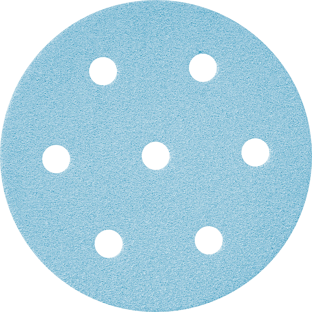 Blue abrasive sanding disc with seven evenly spaced ventilation holes for tools and home improvement use