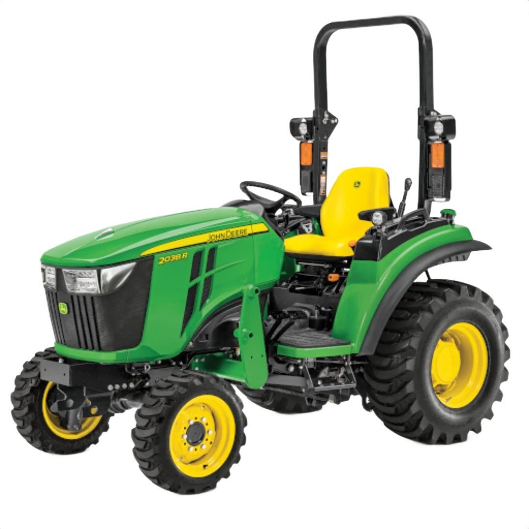 Green and yellow sub-compact tractor with rugged tires, open operator station, and roll-over protection, featured in Outdoor Power Equipment at Hartville Hardware.